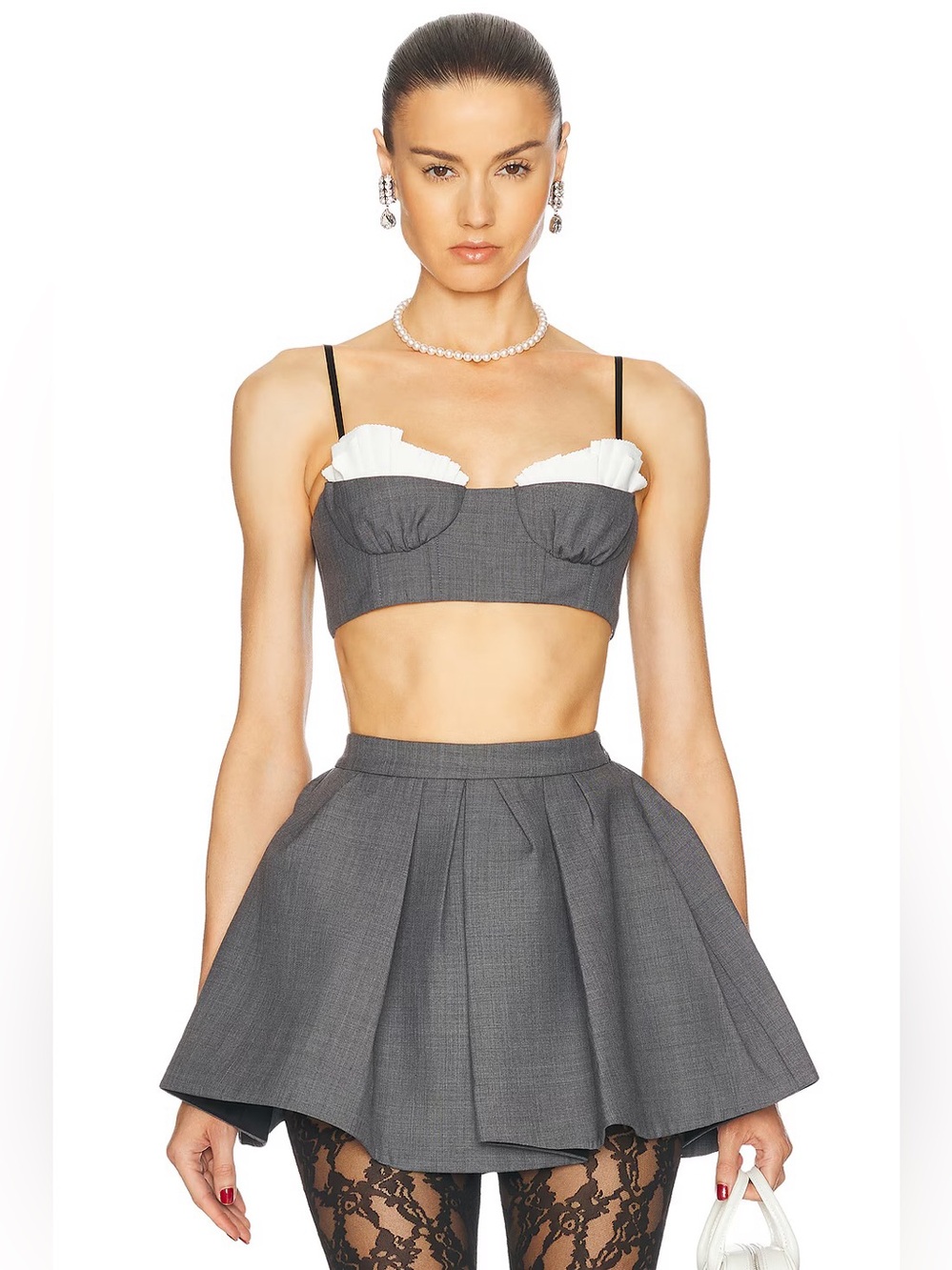 Shushu/Tong Grey Irregular Pleated Skirt & Spaghetti Strap Bralette Top